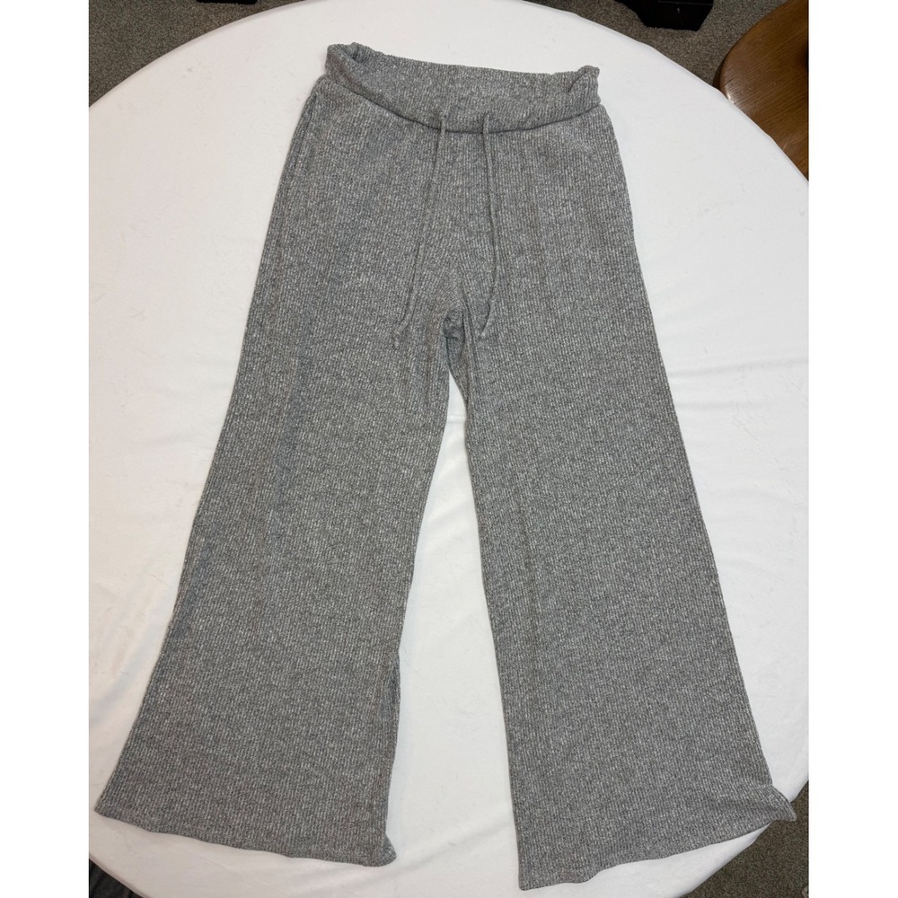 Socialite Gray Ribbed Knit Wide Leg Lounge Pants Drawstring Pockets Small